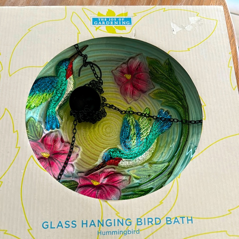New glass bird bath in box